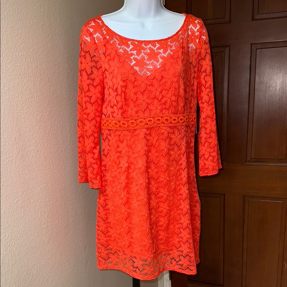 NWT $195 Laundry By Shelli Segal Tigerlily Orange Lace Mini Dress Women’s Size 6